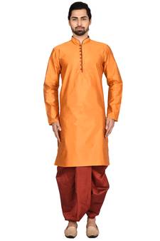 Orange plain art silk dhoti-kurta
