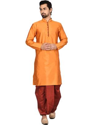 Orange plain art silk dhoti-kurta 4