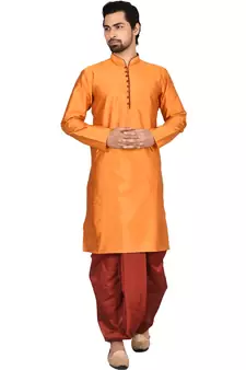 Orange plain art silk dhoti-kurta