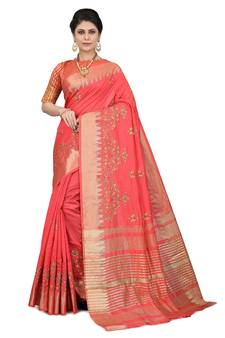 Pink embroidered silk blend saree with blouse