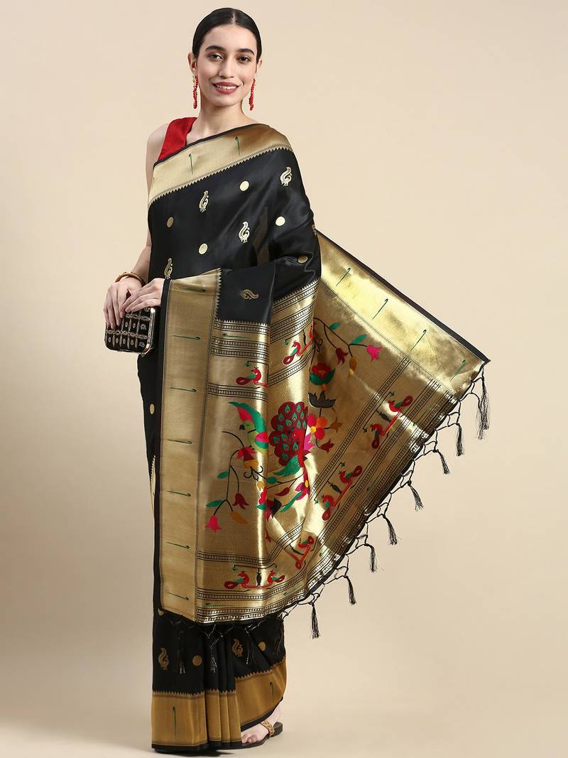 Black woven paithani silk saree with blouse