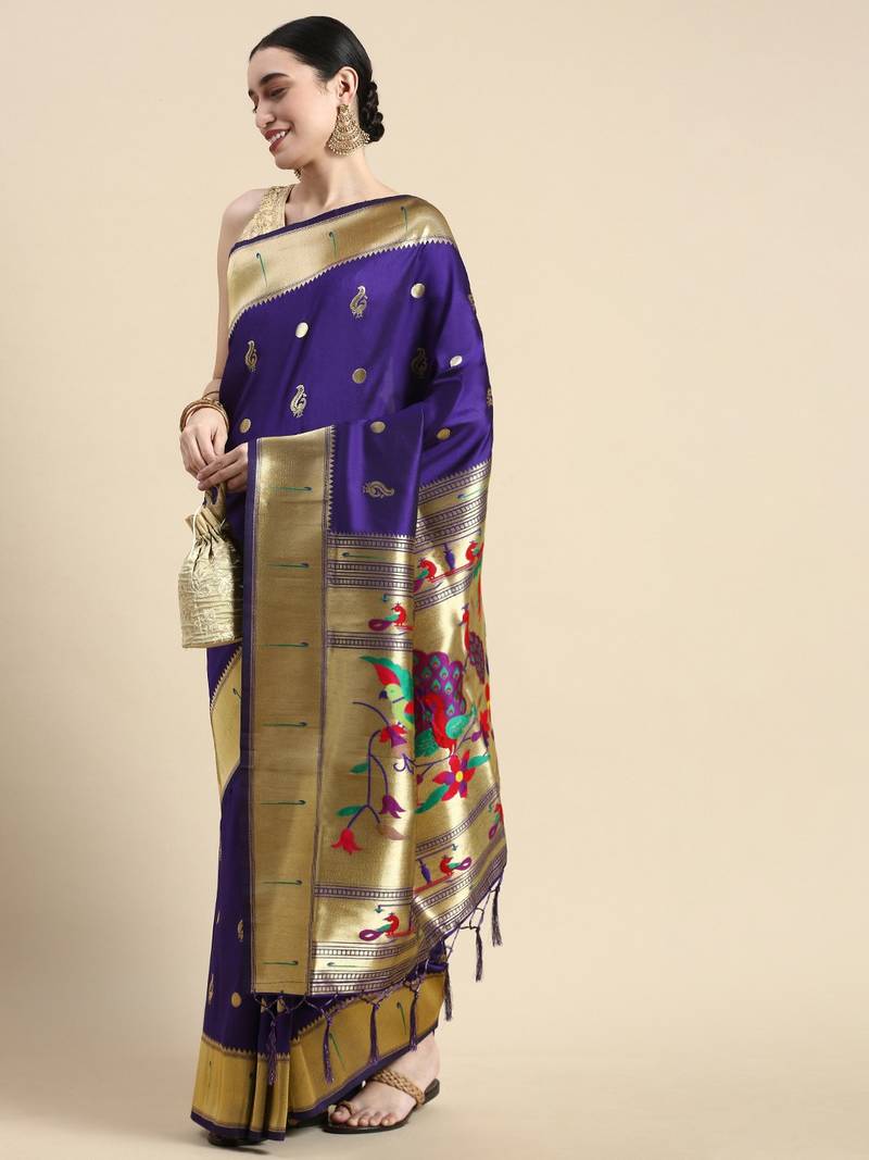 Blue woven paithani silk saree with blouse