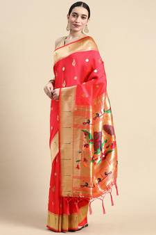 Peach woven paithani silk saree with blouse