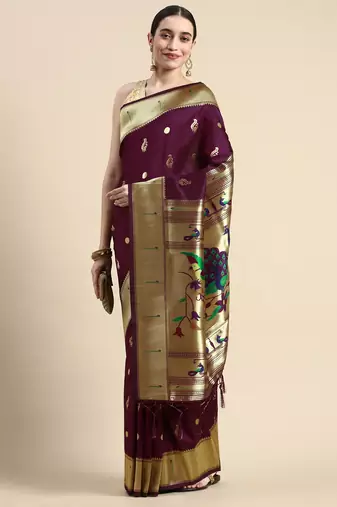 Wine woven paithani silk saree with blouse
