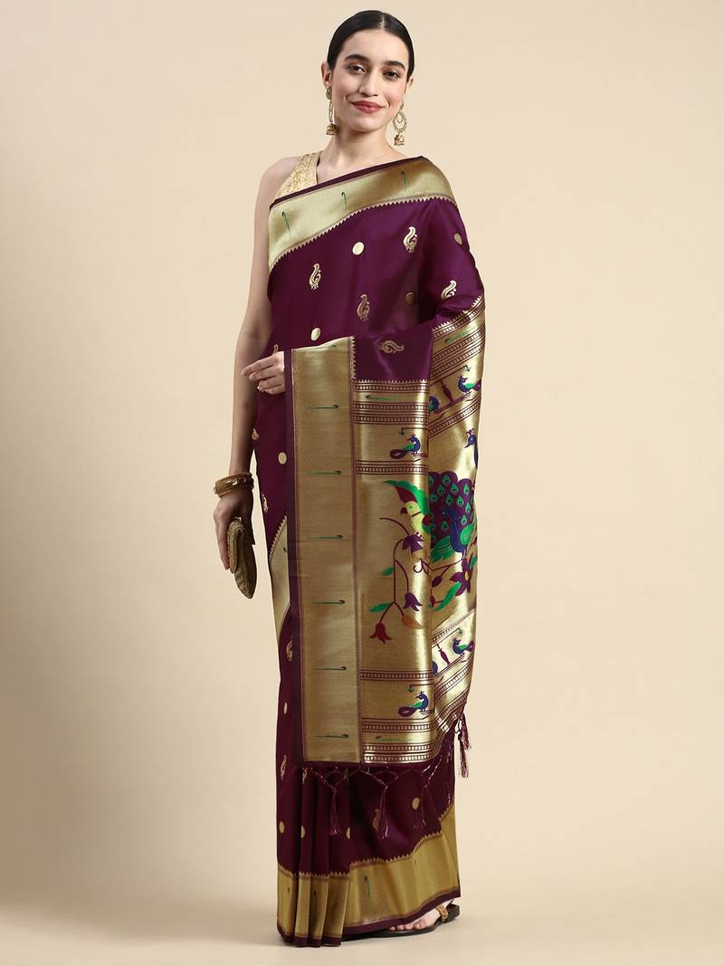 Wine woven paithani silk saree with blouse