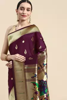Wine woven paithani silk saree with blouse