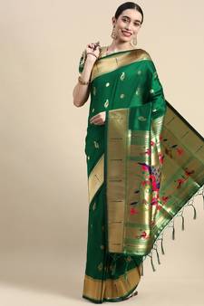 Green woven paithani silk saree with blouse