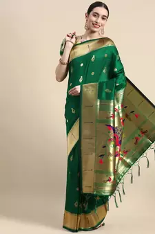 Green woven paithani silk saree with blouse