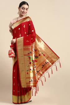Red woven paithani silk saree with blouse