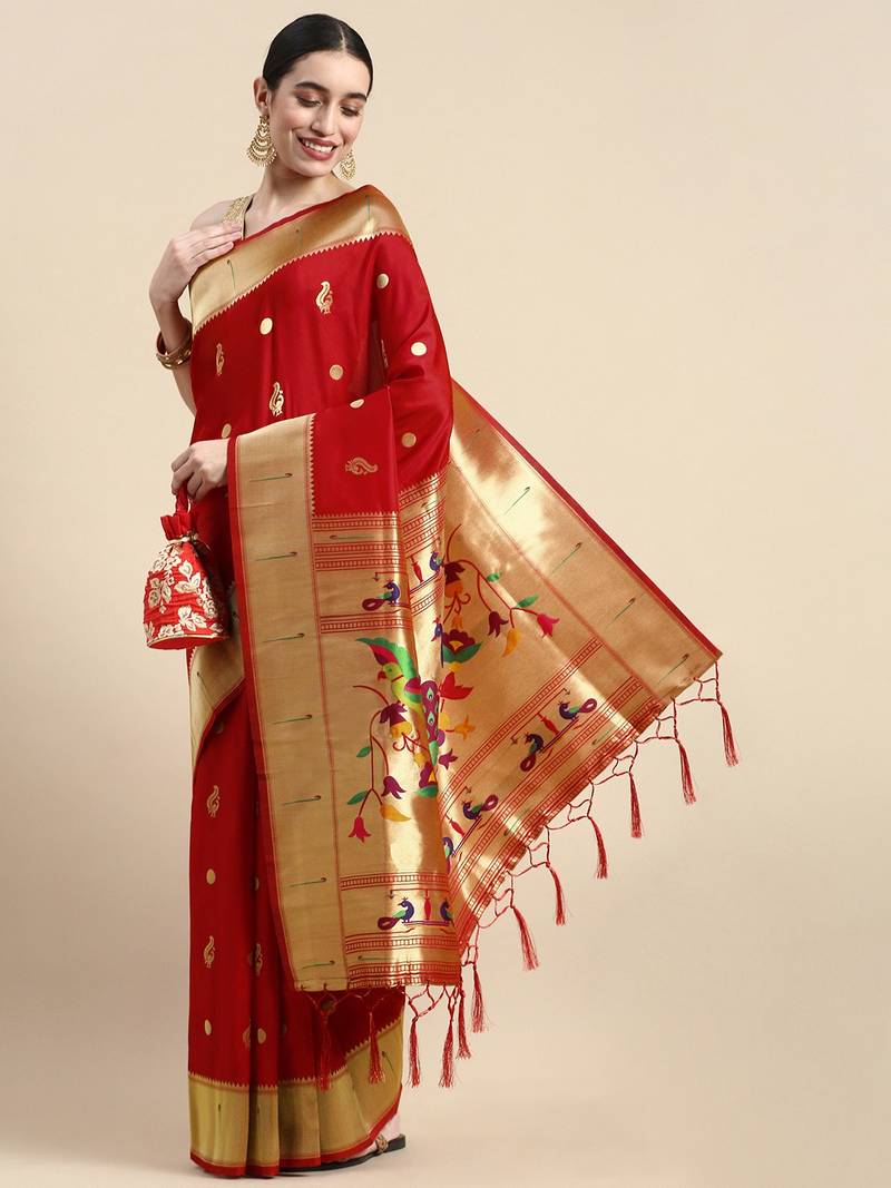 Red woven paithani silk saree with blouse
