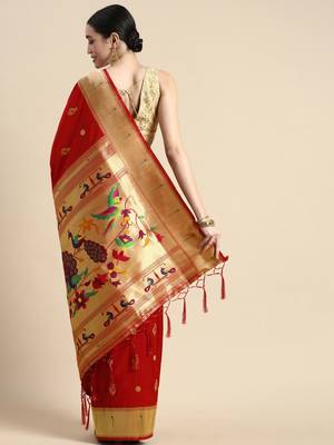 Red woven paithani silk saree with blouse 2