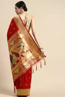 Red woven paithani silk saree with blouse