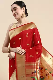 Red woven paithani silk saree with blouse