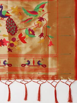 Red woven paithani silk saree with blouse 4