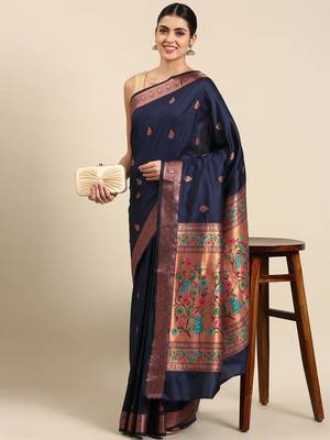Navy blue woven paithani silk saree with blouse 1