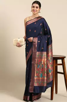 Navy blue woven paithani silk saree with blouse
