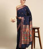 Navy blue woven paithani silk saree with blouse