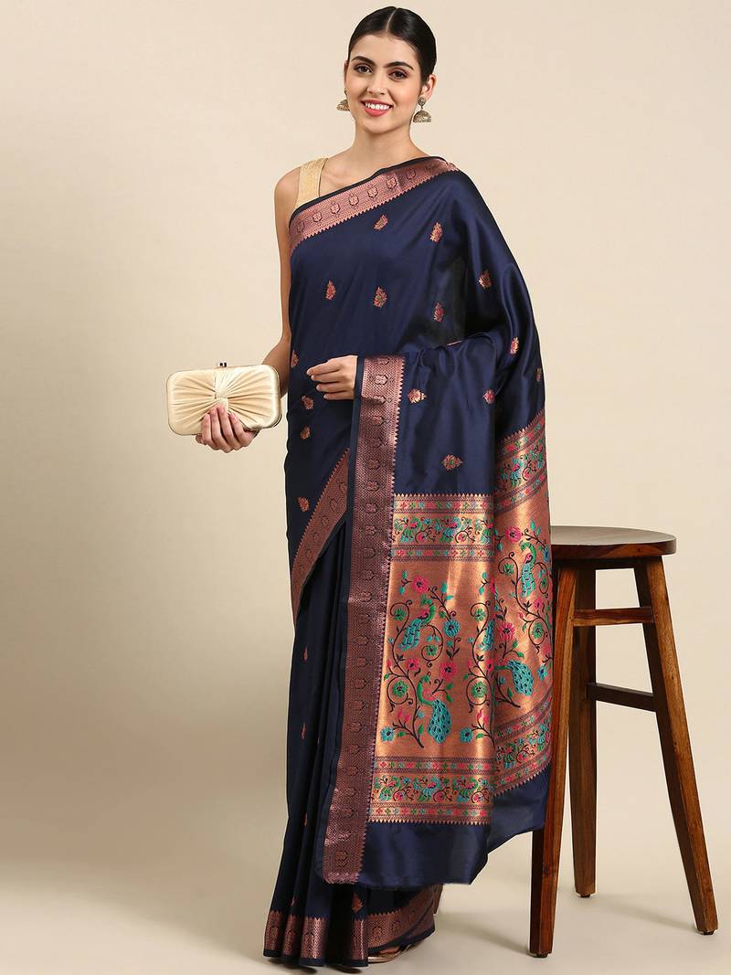 Navy blue woven paithani silk saree with blouse