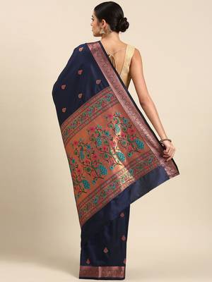 Navy blue woven paithani silk saree with blouse 2