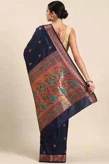 Navy blue woven paithani silk saree with blouse