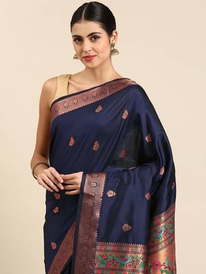Navy blue woven paithani silk saree with blouse 3