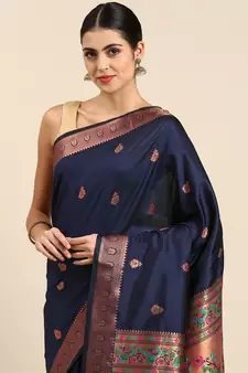 Navy blue woven paithani silk saree with blouse