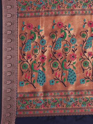 Navy blue woven paithani silk saree with blouse 4
