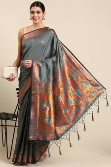 Grey woven paithani silk saree with blouse