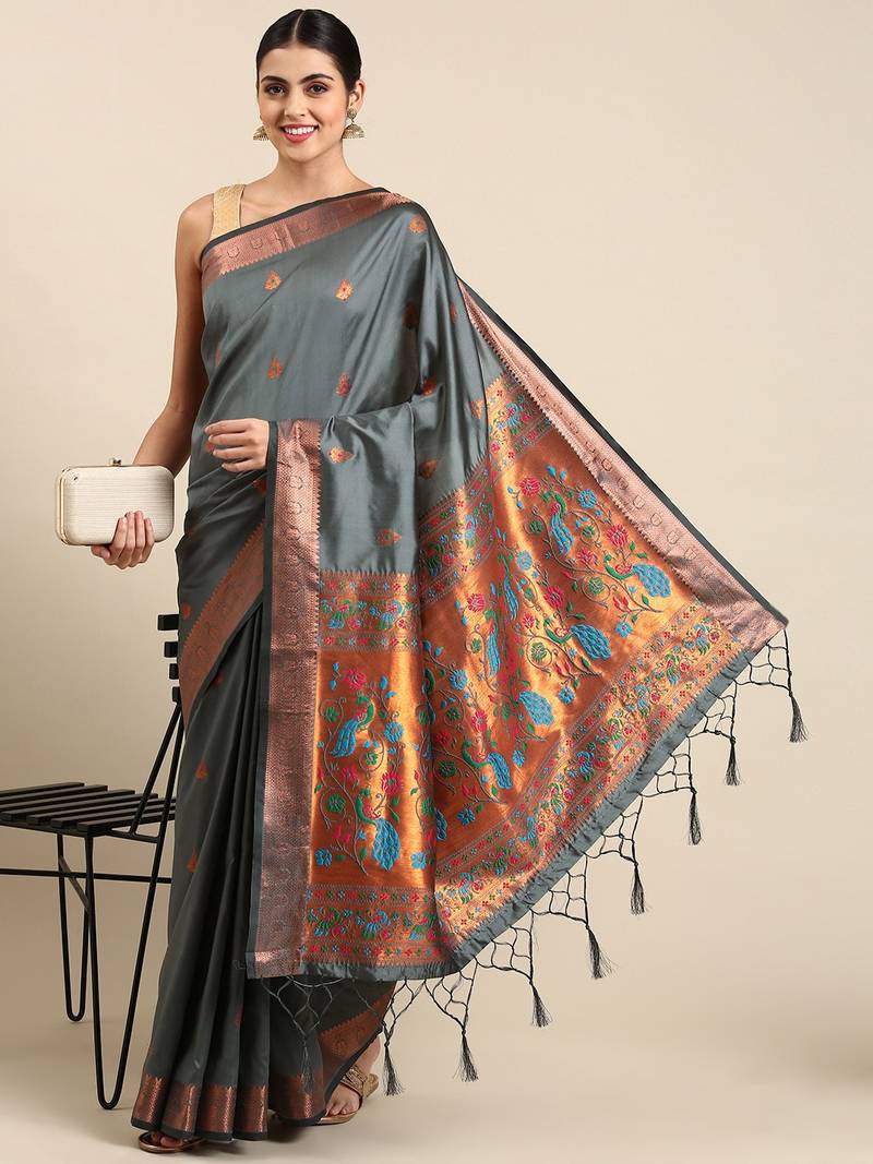 Grey woven paithani silk saree with blouse