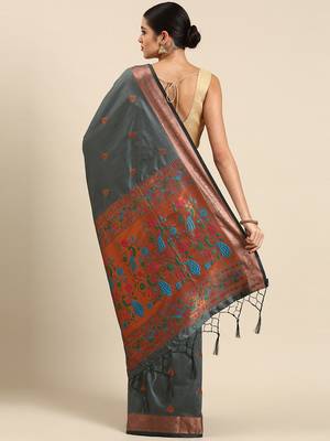 Grey woven paithani silk saree with blouse 2