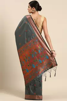 Grey woven paithani silk saree with blouse