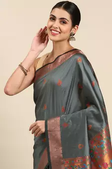 Grey woven paithani silk saree with blouse