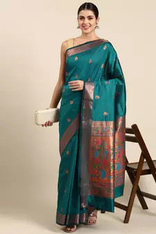 Teal woven paithani silk saree with blouse