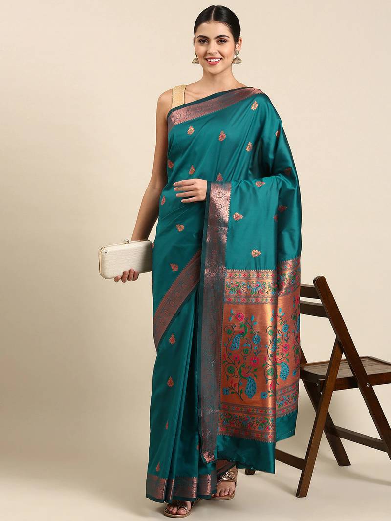 Teal woven paithani silk saree with blouse