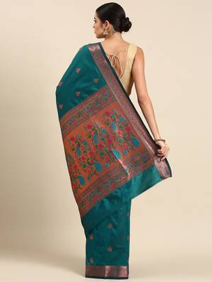 Teal woven paithani silk saree with blouse 2