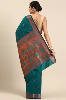 Teal woven paithani silk saree with blouse