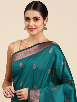 Teal woven paithani silk saree with blouse 3