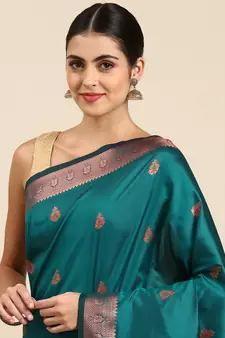 Teal woven paithani silk saree with blouse
