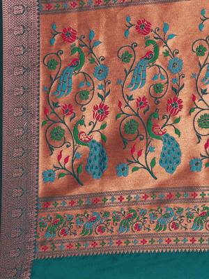 Teal woven paithani silk saree with blouse 4
