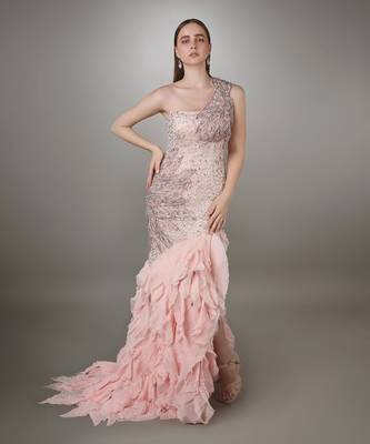 Pink Petal Embroidered Body Con Textured Gown. 1