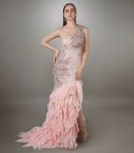 Pink Petal Embroidered Body Con Textured Gown.