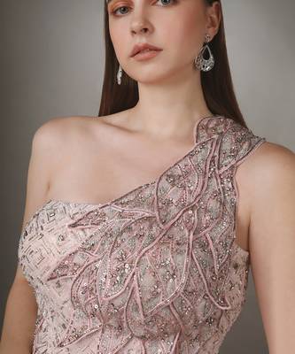 Pink Petal Embroidered Body Con Textured Gown. 2