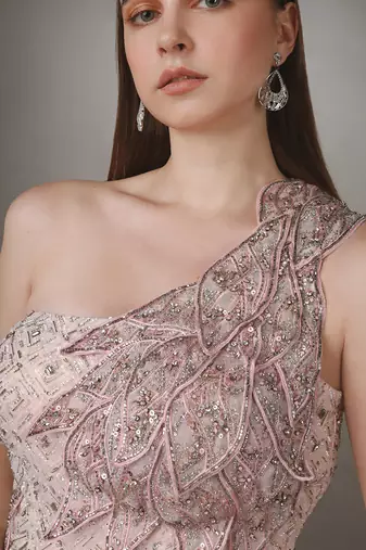 Pink Petal Embroidered Body Con Textured Gown.