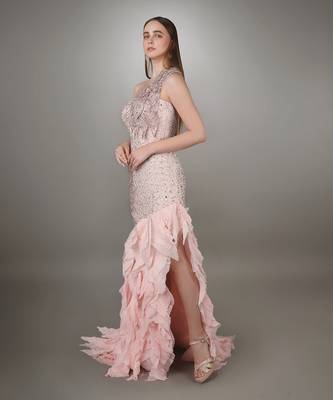 Pink Petal Embroidered Body Con Textured Gown. 3