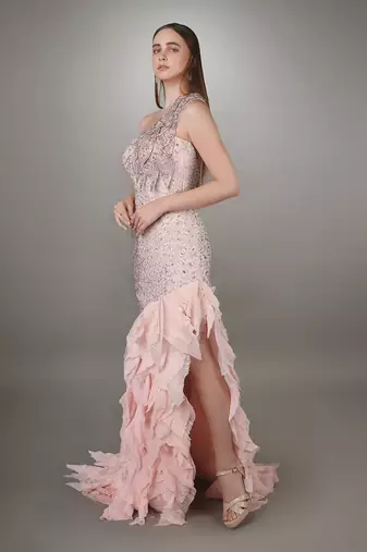 Pink Petal Embroidered Body Con Textured Gown.