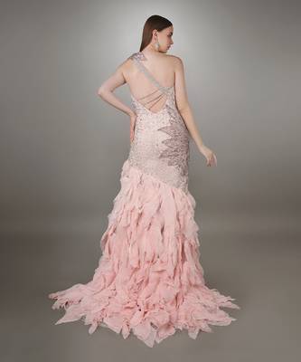 Pink Petal Embroidered Body Con Textured Gown. 4