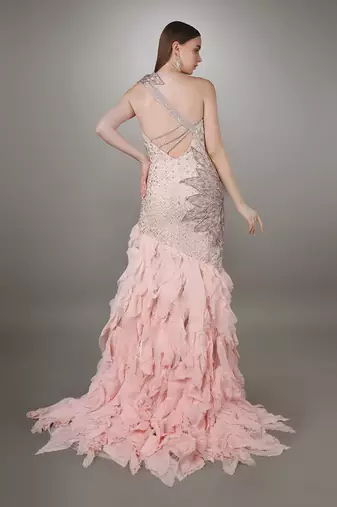 Pink Petal Embroidered Body Con Textured Gown.