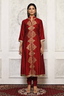 Maroon embroidered cotton kurta &-sets 1