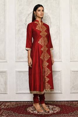 Maroon embroidered cotton kurta &-sets 3