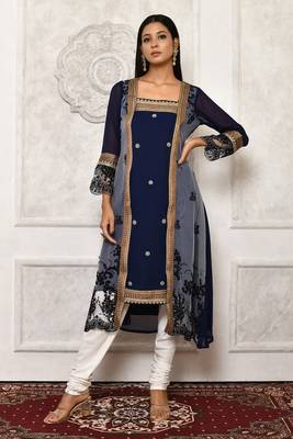 Navy-blue embroidered georgette kurta &-sets 1